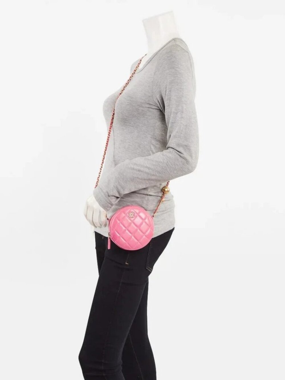 Chanel Pink Quilted Lambskin Leather Pearl Crush Round Clutch with Chain Bag